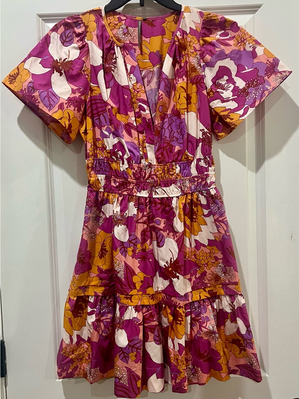 Anthropologie Floral Midi Dress in Purple, Orange Pink & White